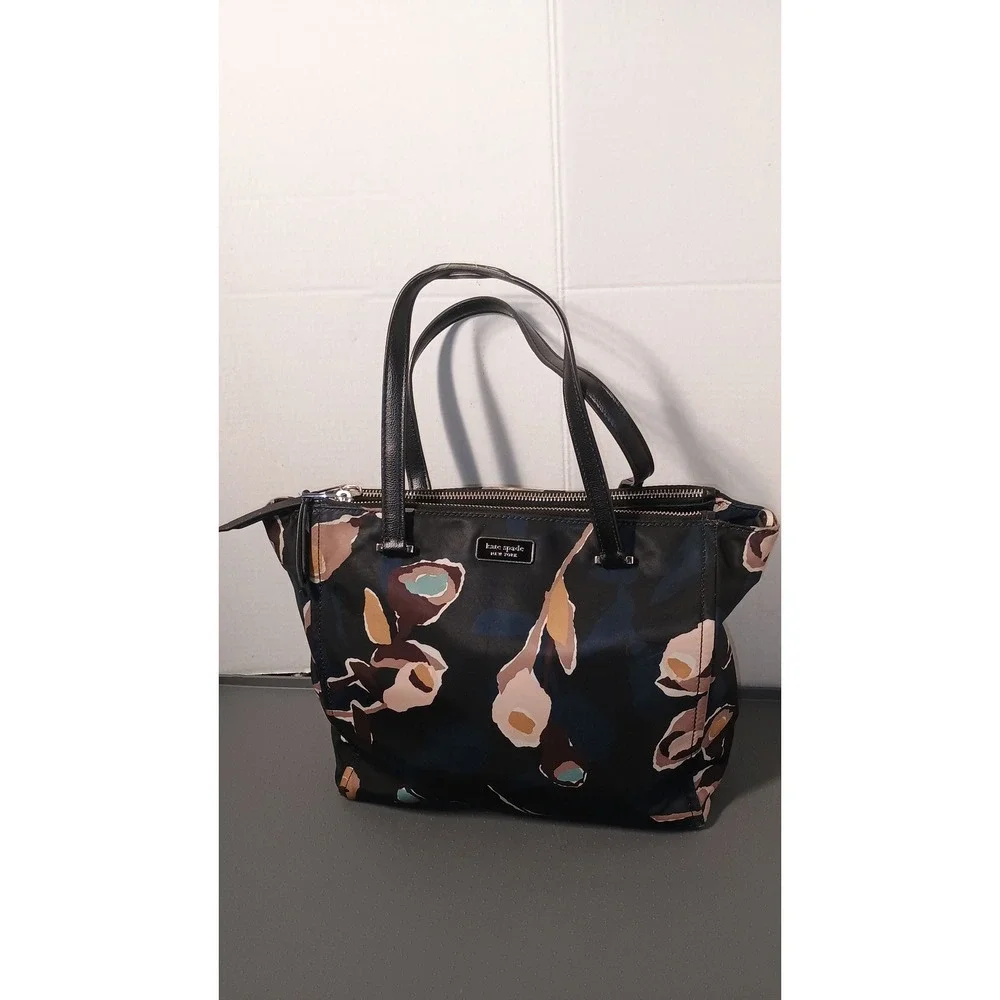 Kate Spade Tote Bag Womens Medium Black Good Floral Nylon Leather Trim Shoulder